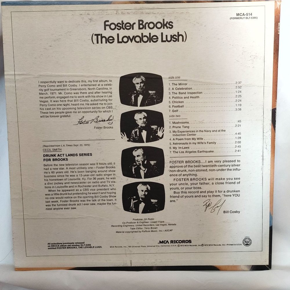 Vintage  Foster Brooks – The Lovable Lush LP Vinyl Record [MCA-514] 1973 12" 33R - Picture 2 of 2